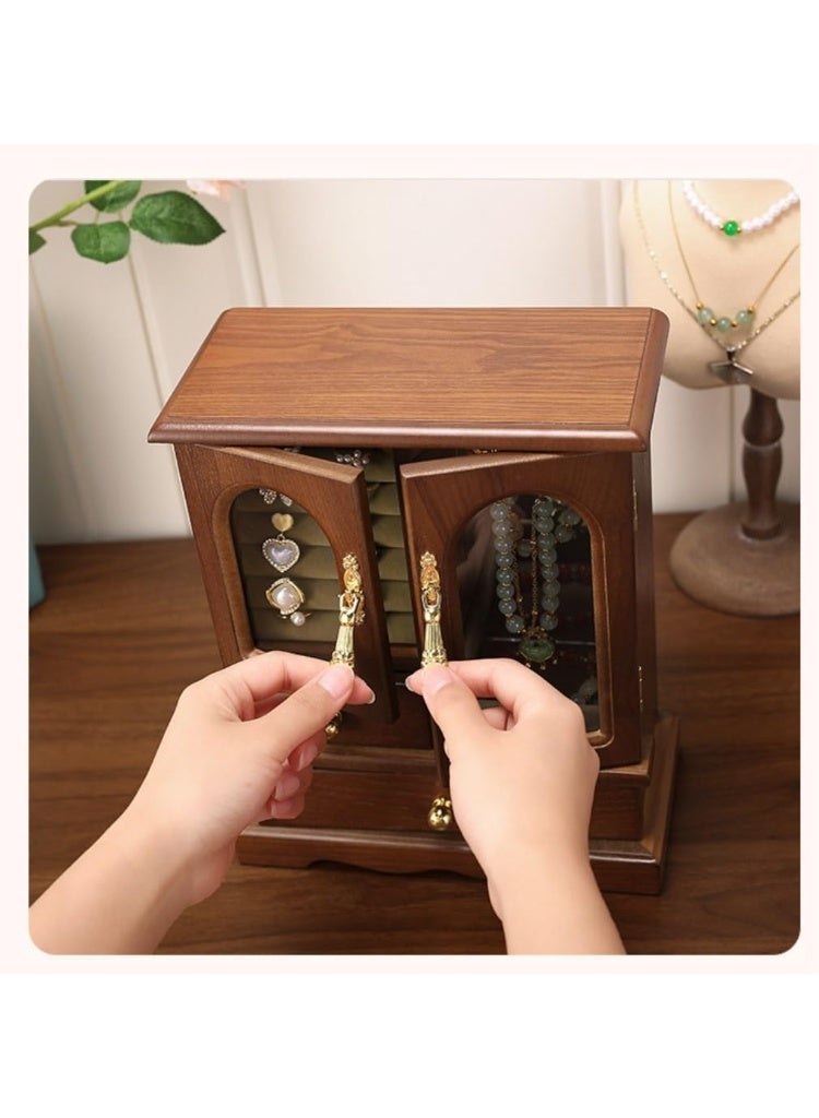 XiuWoo Luxurious Solid Wooden Jewelry Box, Large Space Multi-Function Storage Case, Vintage Jewelry Case, Jewelry Display Rack with Compartments Tray, 2 Drawers, Copper Handle, Clear Window - Image 4
