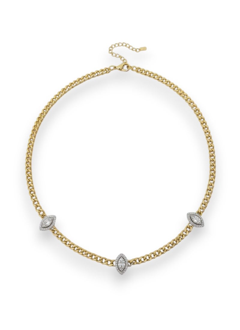 كوليه بسلسلة عريضة مطلية باللون الذهبي ، بثلاث وحدات بيضاوية على شكل عين أو دمعة لامعة . مُصممة بأحجار فضية لامعة - وصلات إضافية لضبط المقاس. - Image 1