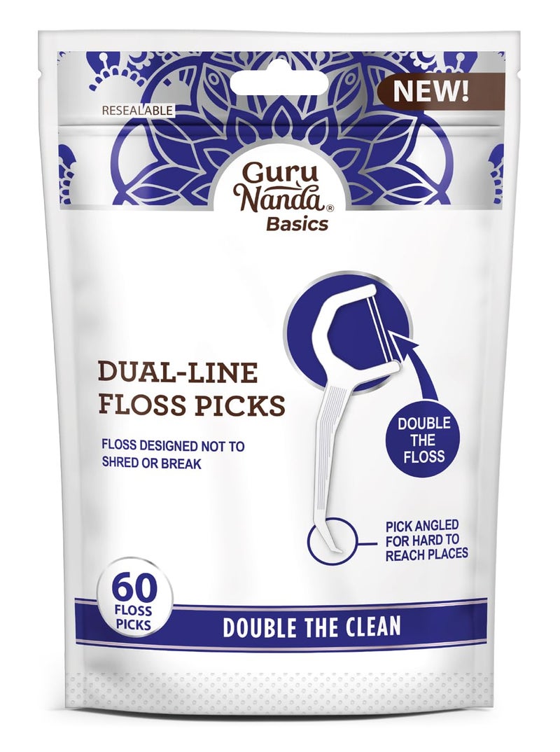 GuruNanda Dual Slickers Floss Picks - Double Threaded Dyneema Dental Floss with Foldable Toothpick for Effective Plaque Removal - Unflavored- 60 Ct - Image 1