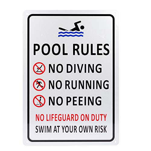 Kichwit Pool Rules Sign, Swim At Your Own Risk, No Diving, No Running, No Peeing, No Lifeguard on Duty, Aluminum Swimming Pool Safety Sign, Weather Resistant, 9.4 x 13.4 Inches, Silver - Image 1