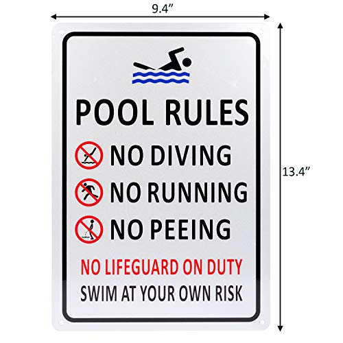 Kichwit Pool Rules Sign, Swim At Your Own Risk, No Diving, No Running, No Peeing, No Lifeguard on Duty, Aluminum Swimming Pool Safety Sign, Weather Resistant, 9.4 x 13.4 Inches, Silver - Image 5