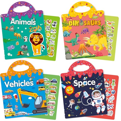 ROATEE Reusable 4Set Sticker Books for Toddlers 24 Toy Stickers Pad Reusable Sticker Books for Toddlers 13 Fashion Activity Birthday Gift Toy for Girl BoyAnimals Dinosaurs Space Vehicles - Image 1