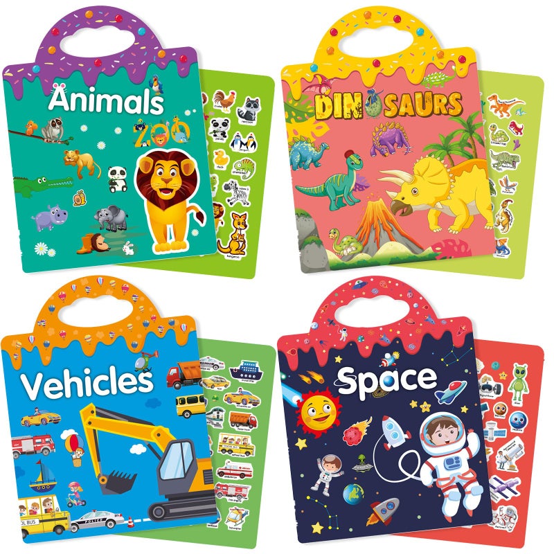 ROATEE Reusable 4Set Sticker Books for Toddlers 24 Toy Stickers Pad Reusable Sticker Books for Toddlers 13 Fashion Activity Birthday Gift Toy for Girl BoyAnimals Dinosaurs Space Vehicles - Image 3