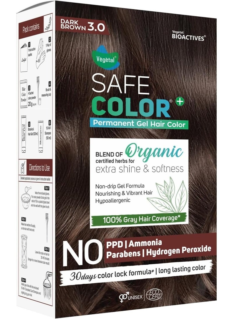 فيجيتال صبغة شعر جل دائمة آمنة نباتياً، تركيبة عضوية، خالية من مادة PPD والأمونيا، مكونات طبيعية، تغطية كاملة للشعر الأبيض مع تركيبة تدوم 30 يوماً (بني داكن 3.0، 70 مل) - Image 1