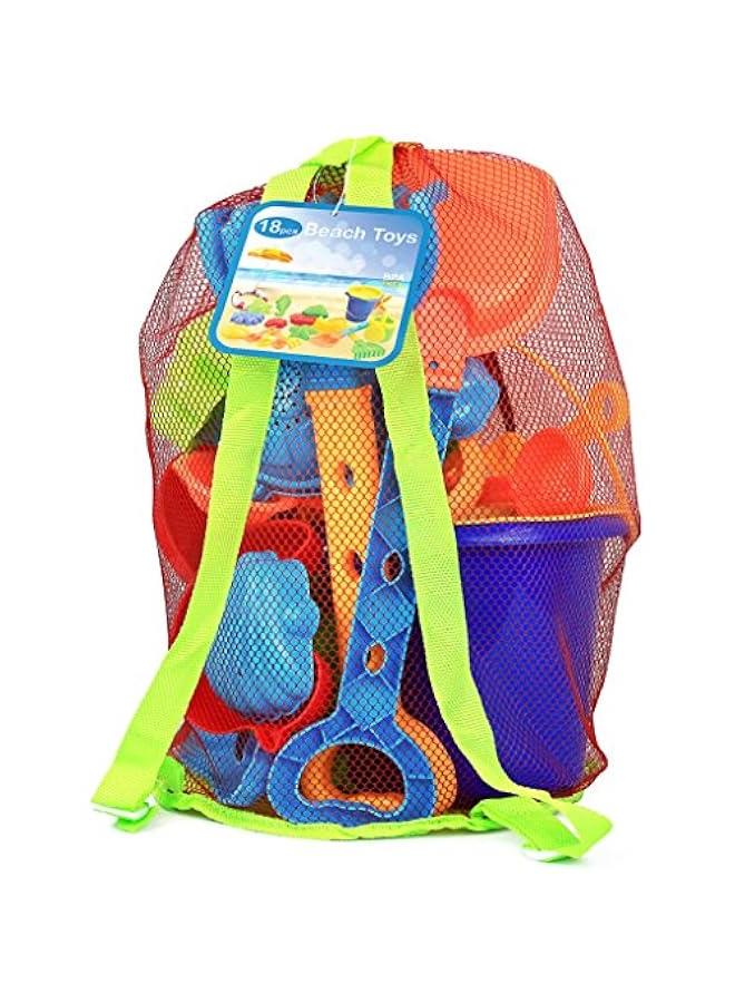 Arabest Beach Toys for Kids 3-10 - 18pc Sand Toys Including Sand Buckets for Kids with Sifter, Watering Can, Rake, 4 Hand Tools, 10 Sand Molds & Mesh Beach Toy Bag - Sandbox Toys for Toddlers - Image 1