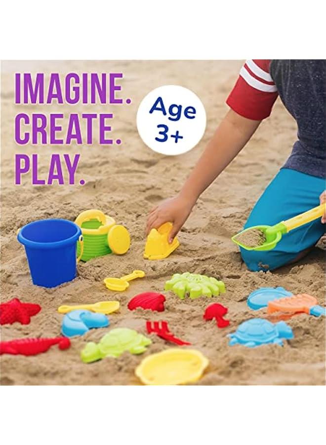 Arabest Beach Toys for Kids 3-10 - 18pc Sand Toys Including Sand Buckets for Kids with Sifter, Watering Can, Rake, 4 Hand Tools, 10 Sand Molds & Mesh Beach Toy Bag - Sandbox Toys for Toddlers - Image 3