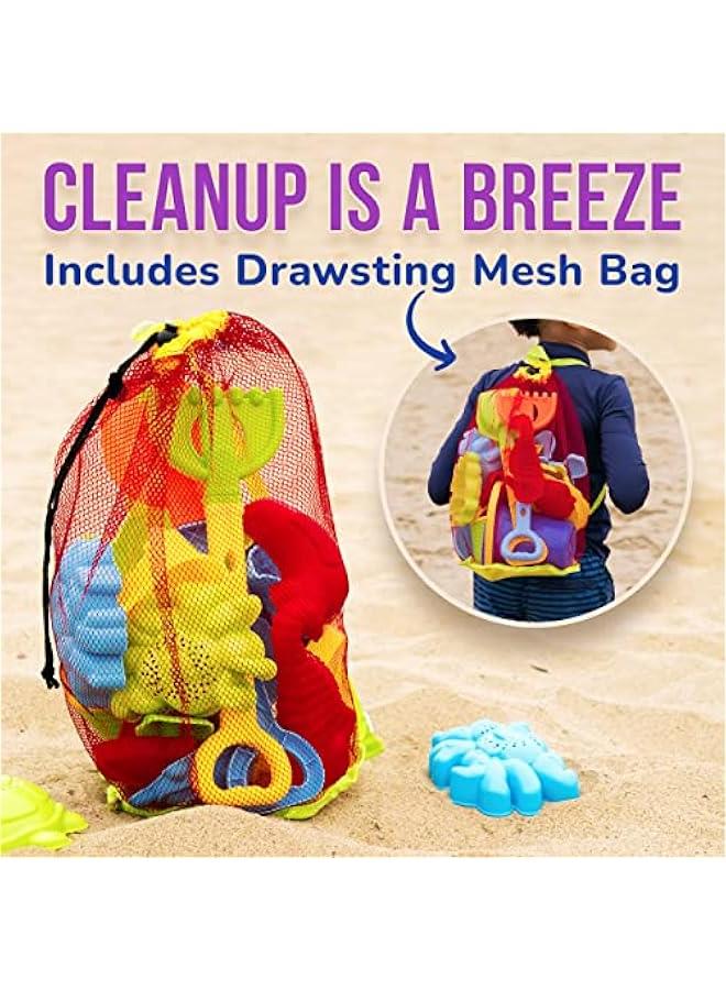 Arabest Beach Toys for Kids 3-10 - 18pc Sand Toys Including Sand Buckets for Kids with Sifter, Watering Can, Rake, 4 Hand Tools, 10 Sand Molds & Mesh Beach Toy Bag - Sandbox Toys for Toddlers - Image 5