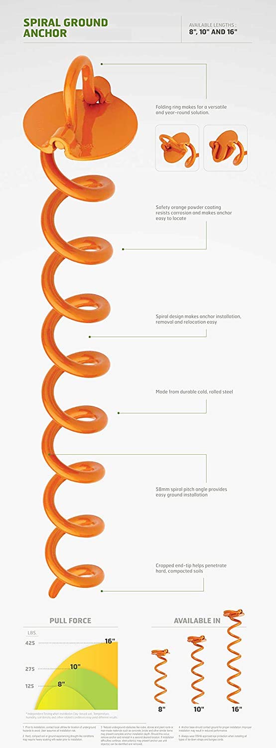 Vortex (1-Pack) 10" Spiral Ground Anchors, Steel Screw In with Folding Ring, 275 lb Pull Force, Orange ANCFR10-ORG-A - Image 5