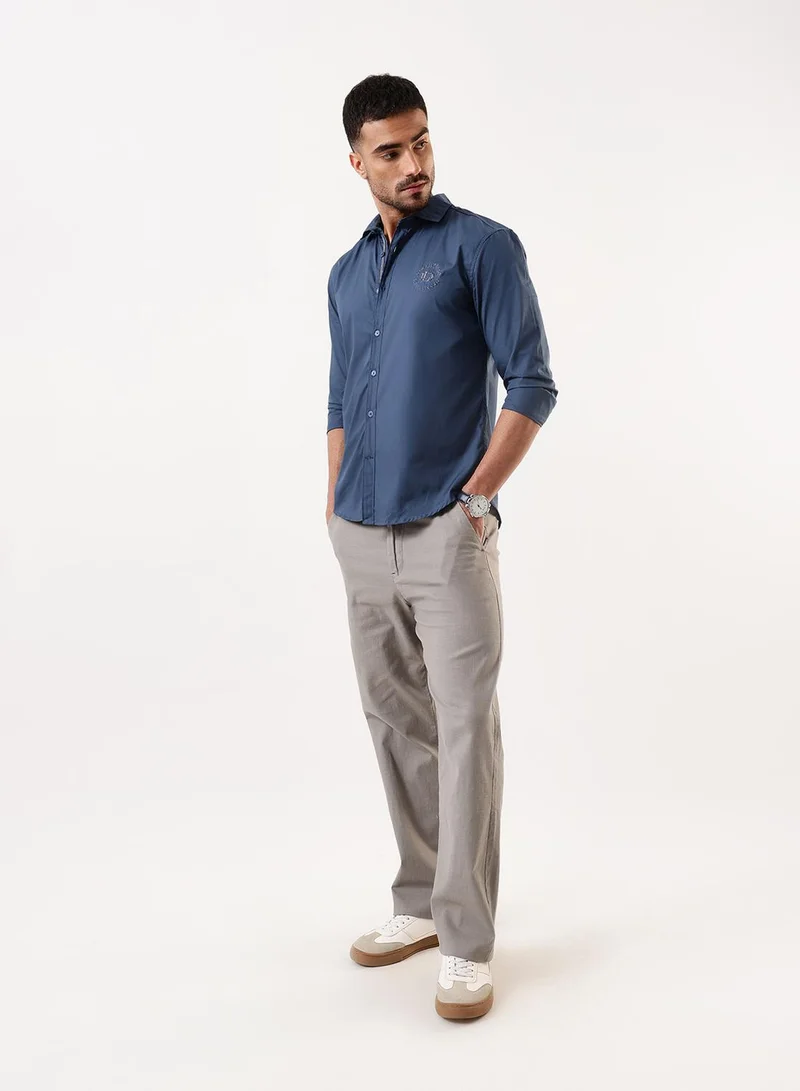 Dennis Lingo Men's Mid Blue Cotton Solid Button Down Regular Fit Shirt