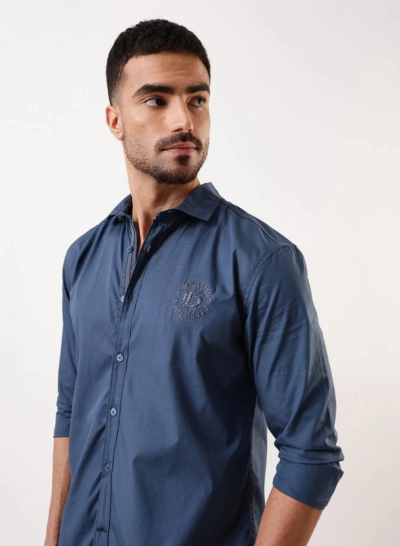 Dennis Lingo Men's Mid Blue Cotton Solid Button Down Regular Fit Shirt