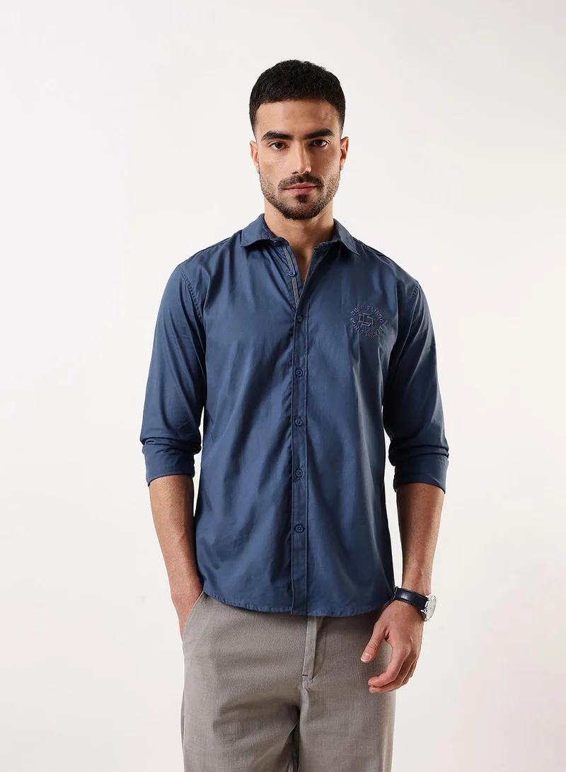Dennis Lingo Men's Mid Blue Cotton Solid Button Down Regular Fit Shirt