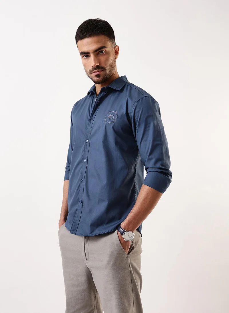Dennis Lingo Men's Mid Blue Cotton Solid Button Down Regular Fit Shirt