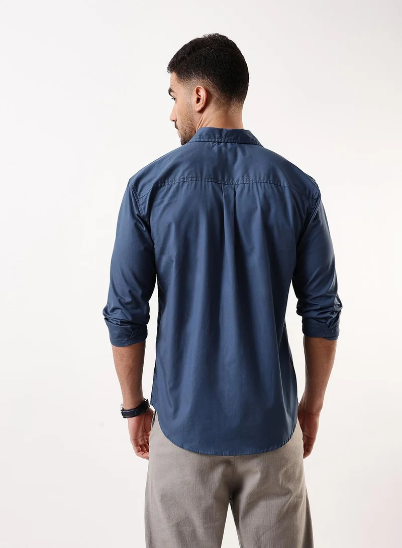 Dennis Lingo Men's Mid Blue Cotton Solid Button Down Regular Fit Shirt
