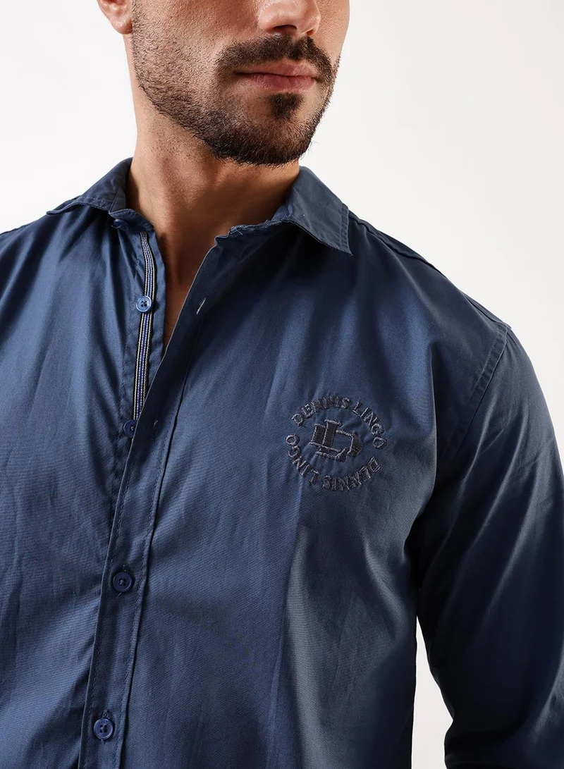 Dennis Lingo Men's Mid Blue Cotton Solid Button Down Regular Fit Shirt