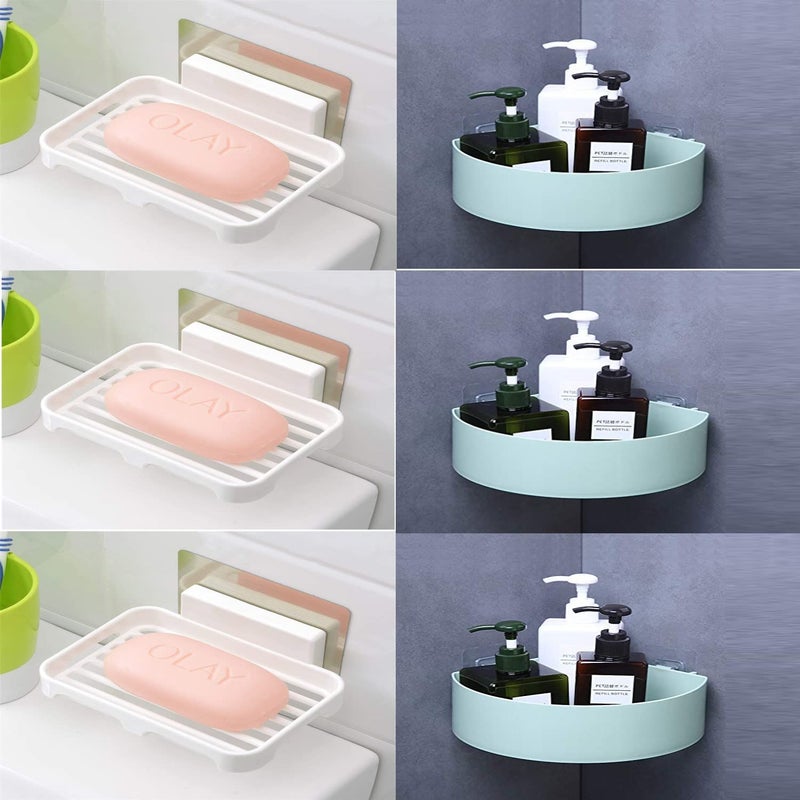 SHOPITECH Bathroom Shelf Wall Mounted Bathroom Kitchen No Drill Storage Rack Super Adhesive Bathroom Rack Shelf (3 Corner Shelf + 3 Soap Shelf) - Image 1