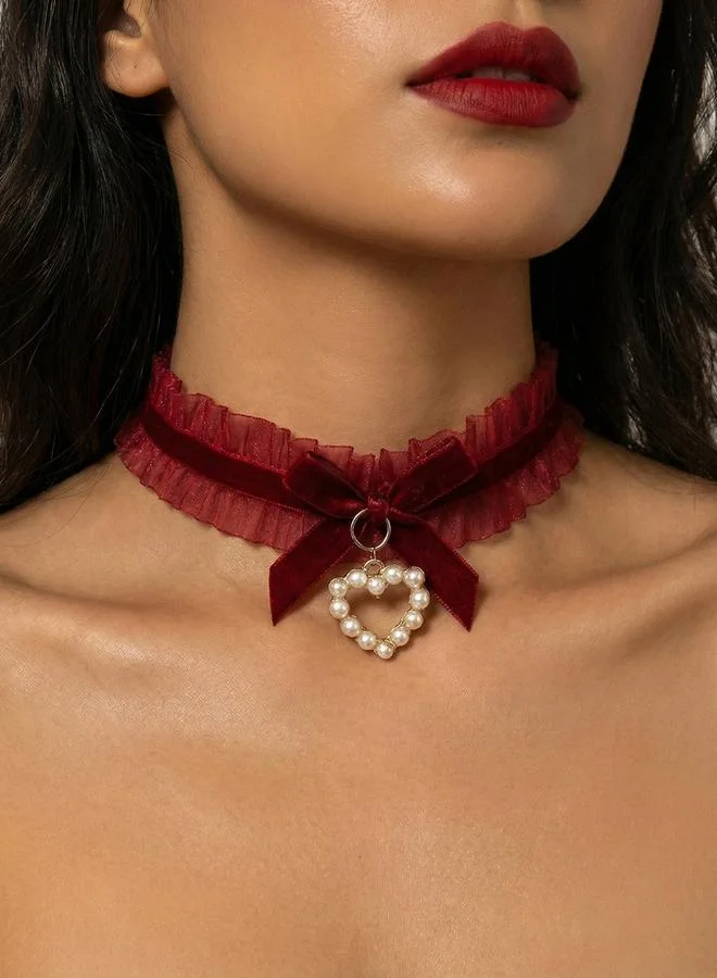 تايك تو Lace Bow Faux Pearl Heart Choker Necklace