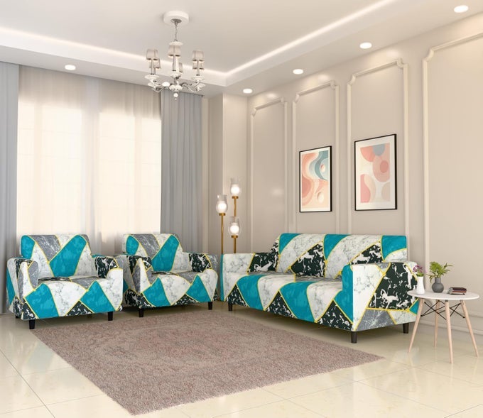 SOFA COVER 3 SEATER AND 2 SEATER FULLY COVERED UNIVERSAL 5 SEATER SOFA COVER NON-SLIP STICKY ELASTIC STRETCHABLE SOFA SET SLIPCOVER PROTECTOR FOR (MARBLE PRINT, FIVE SEATER(3+1+1))