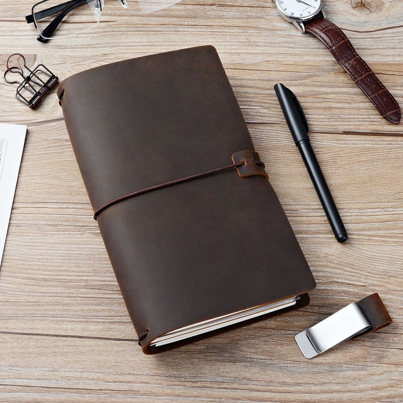 newestor Refillable Leather Journal Travelers Notebook - 8.5 x 4.5 Travel Diary with 5 Inserts + Pen Holder and Binder Clip, Standard Size, Brown - Image 4