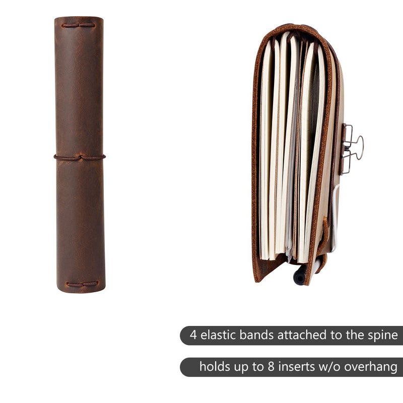 newestor Refillable Leather Journal Travelers Notebook - 8.5 x 4.5 Travel Diary with 5 Inserts + Pen Holder and Binder Clip, Standard Size, Brown - Image 3