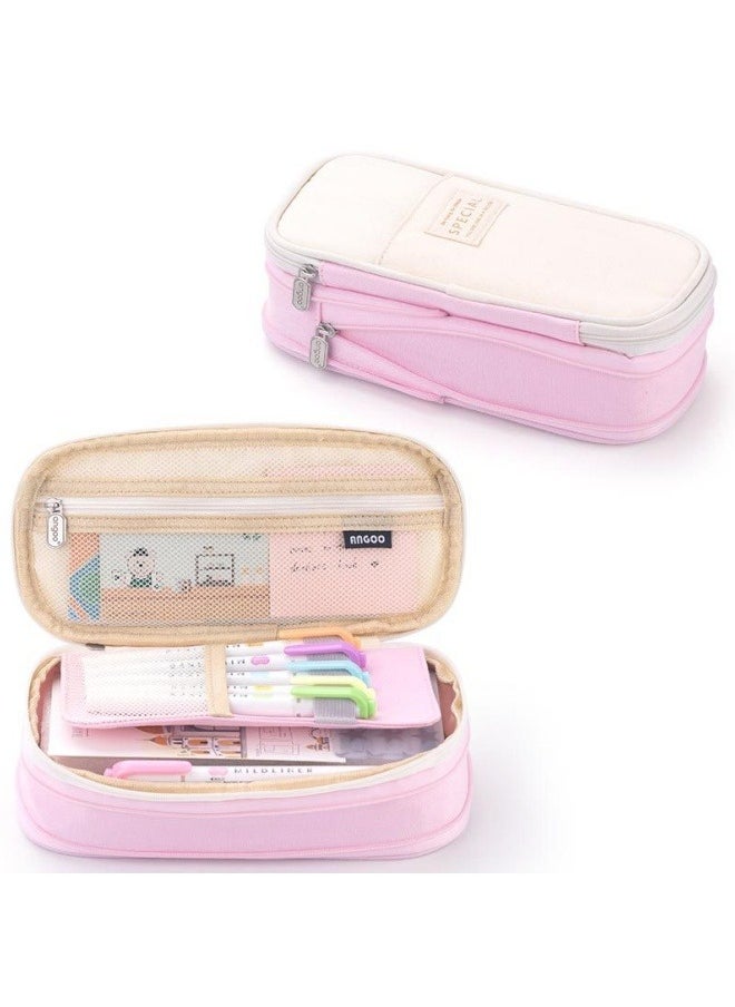 ANGOO Pencil Case, Large Capacity Pen Bag, Colored Pencil Bag with Zipper, Student School Supplies, Suitable for the Beginning of School Season, Beginning of School Gifts, Pink  - Image 1