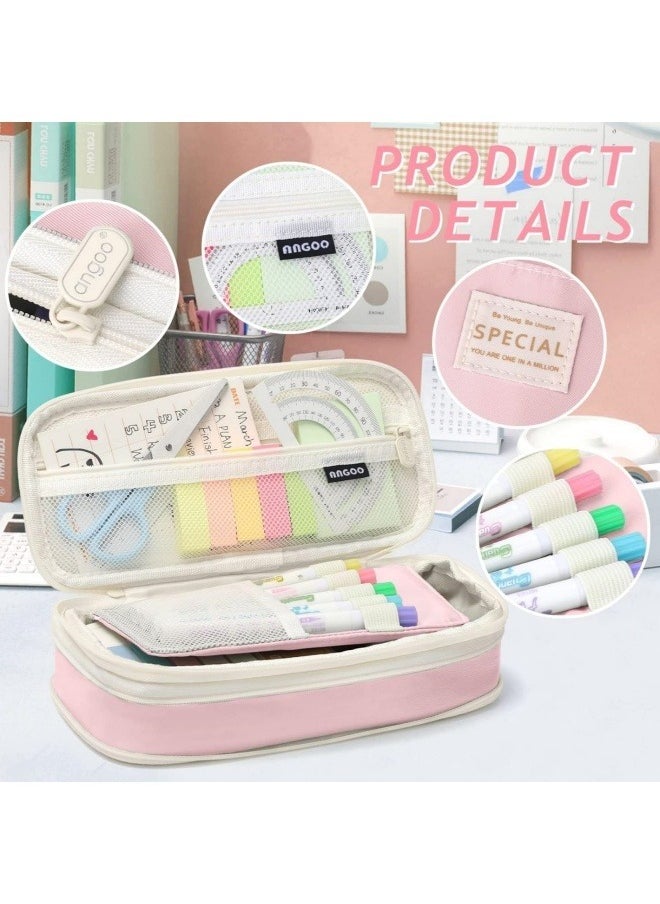 ANGOO Pencil Case, Large Capacity Pen Bag, Colored Pencil Bag with Zipper, Student School Supplies, Suitable for the Beginning of School Season, Beginning of School Gifts, Pink  - Image 5
