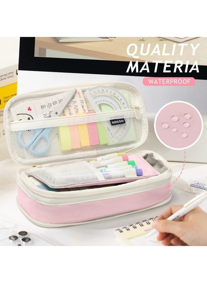 ANGOO Pencil Case, Large Capacity Pen Bag, Colored Pencil Bag with Zipper, Student School Supplies, Suitable for the Beginning of School Season, Beginning of School Gifts, Pink  - Image 2