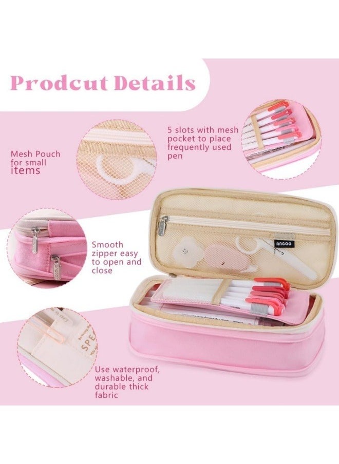 ANGOO Pencil Case, Large Capacity Pen Bag, Colored Pencil Bag with Zipper, Student School Supplies, Suitable for the Beginning of School Season, Beginning of School Gifts, Pink  - Image 3