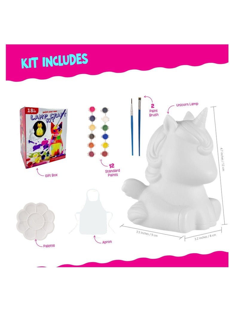 Home Smart Unicorn Lamp Craft Kit for Girls Paint your own Unicorn Lamp 6 pcs set with Unicorn lamp body, Apron, Brushes, Palette and 12 colors tray Gift for your loved ones