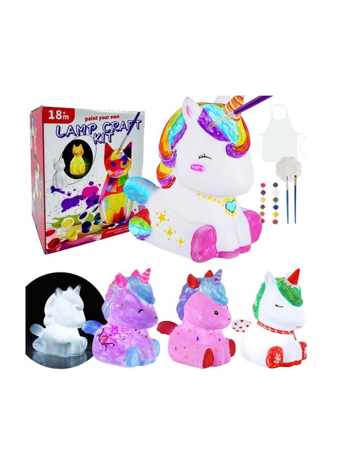 Home Smart Unicorn Lamp Craft Kit for Girls Paint your own Unicorn Lamp 6 pcs set with Unicorn lamp body, Apron, Brushes, Palette and 12 colors tray Gift for your loved ones