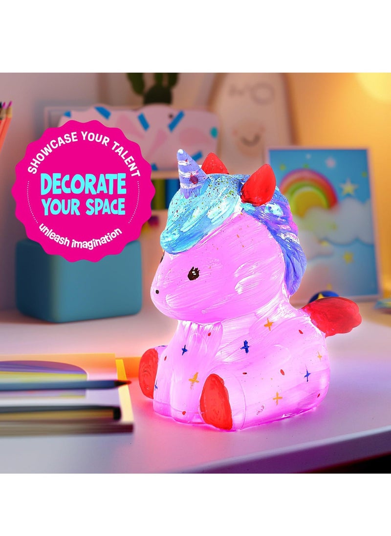 Home Smart Unicorn Lamp Craft Kit for Girls Paint your own Unicorn Lamp 6 pcs set with Unicorn lamp body, Apron, Brushes, Palette and 12 colors tray Gift for your loved ones