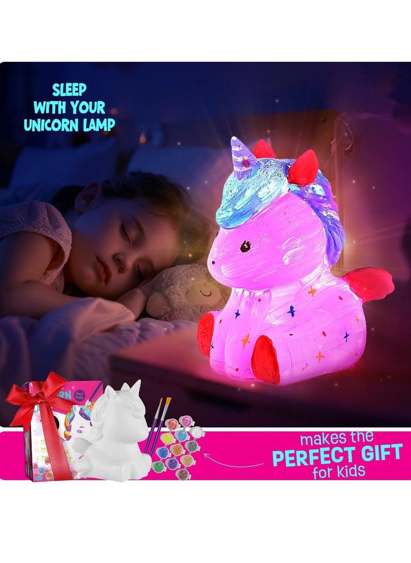 Home Smart Unicorn Lamp Craft Kit for Girls Paint your own Unicorn Lamp 6 pcs set with Unicorn lamp body, Apron, Brushes, Palette and 12 colors tray Gift for your loved ones