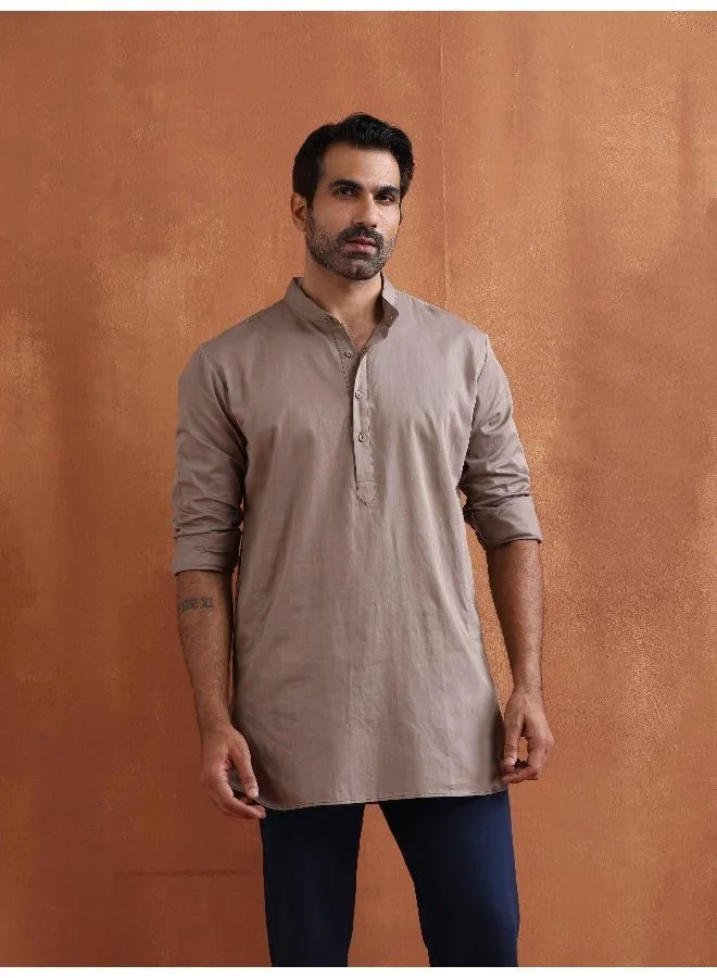 ترو برونز Men's Beige Cotton Short Kurta