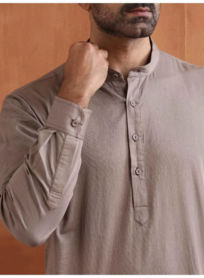 ترو برونز Men's Beige Cotton Short Kurta