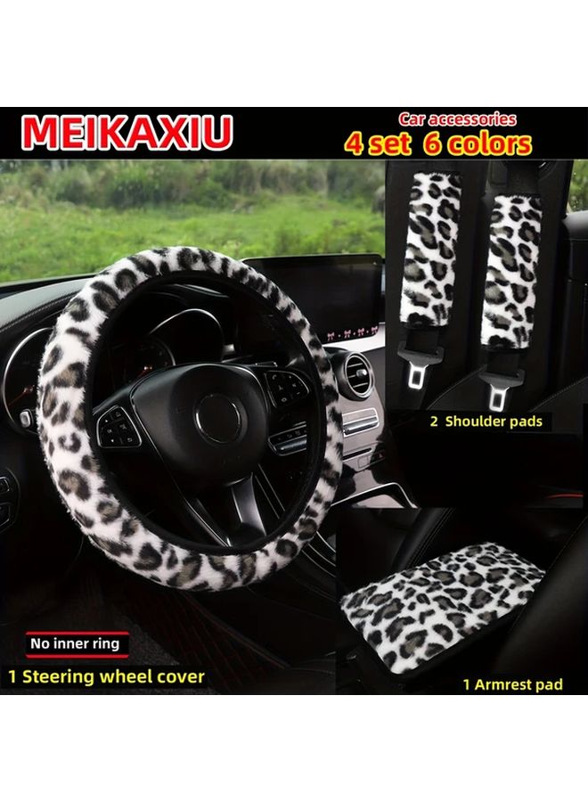 Beige 5 Sets Plush Leopard Print Car Accessories Steering Wheel Cover Seat Headrest Covers - Image 4
