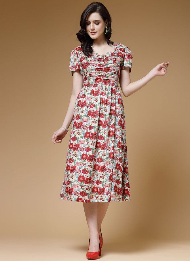 Indibelle Floral Printed Pleated Fit & Flare Midi Dress - Image 2