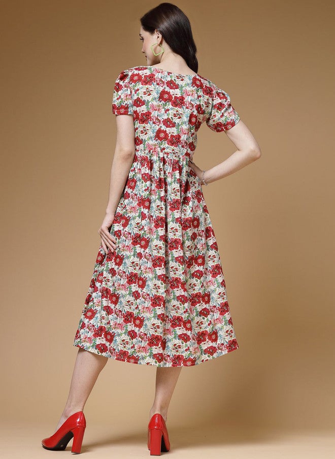 Indibelle Floral Printed Pleated Fit & Flare Midi Dress - Image 5
