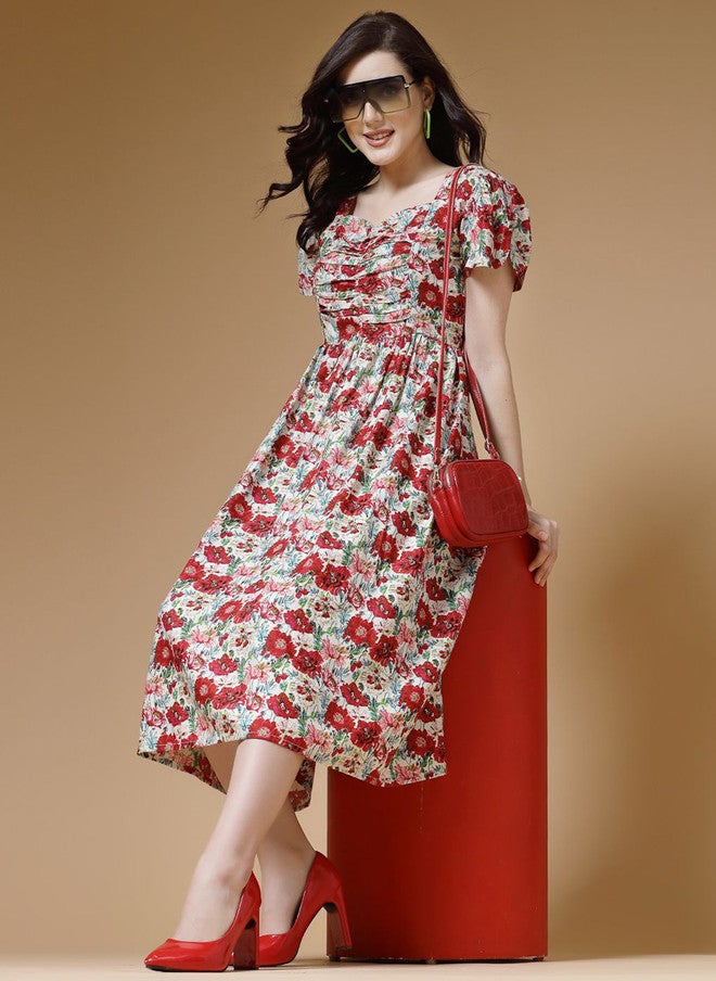 Indibelle Floral Printed Pleated Fit & Flare Midi Dress - Image 1