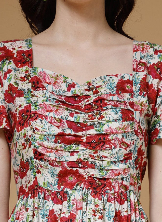 Indibelle Floral Printed Pleated Fit & Flare Midi Dress - Image 3