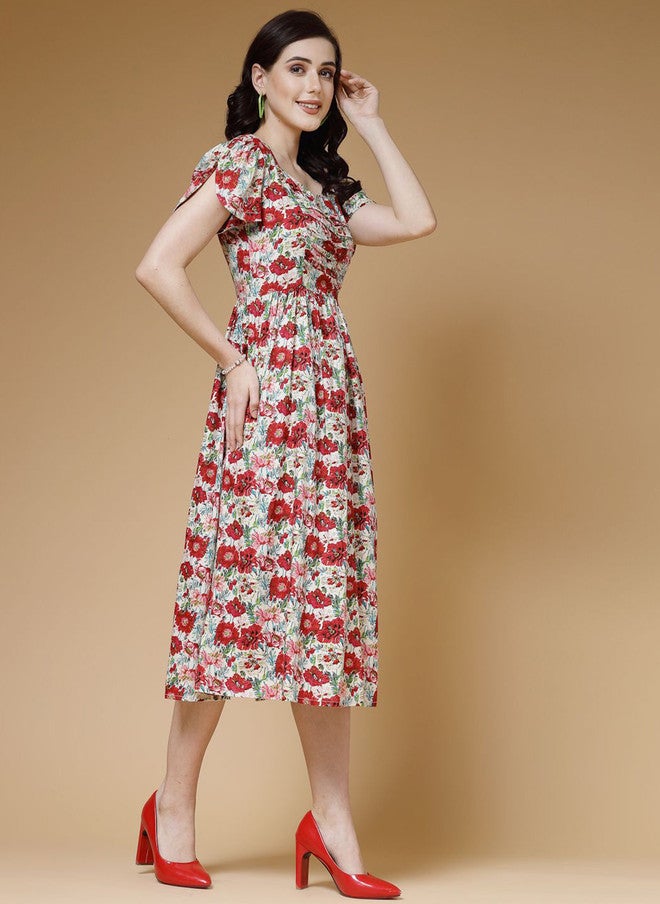 Indibelle Floral Printed Pleated Fit & Flare Midi Dress - Image 4