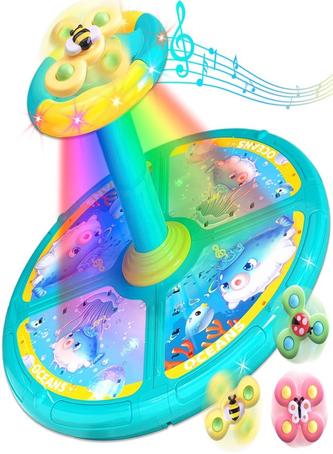 LITTCO Ocean Sit and Spin Toys for Toddlers 1-3, 360° Rotation Sit n Spin, LED Light & Enlightenment Music, for Boy/Girl with 3PCS Suction Cup Spinner Toys (Blue) - Image 1