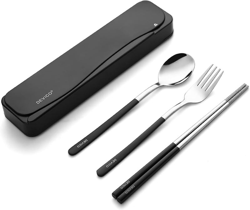 DEVICO Travel Utensils, 18/8 Stainless Steel 4pcs Cutlery Set Portable Camp Reusable Flatware Silverware, Include Fork Spoon Chopsticks with Case (Black) - Image 1