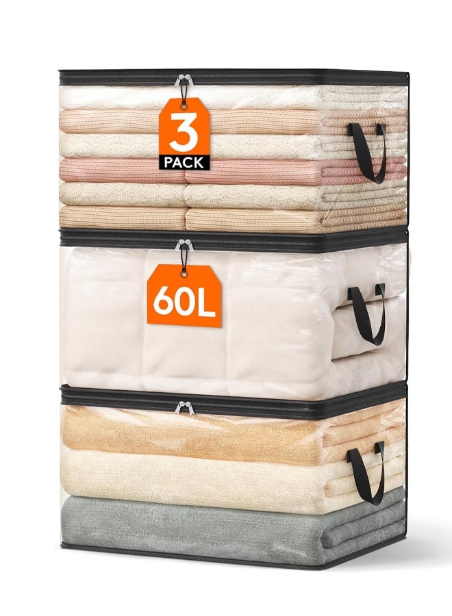 DUNISO 3 Pack Moving Bags，Storage Bags with Zippers & Handles, Foldable Heavy-Duty Tote，Space Saving,Waterproof, Moisture-proof, Sturdy and Durable，for Bedding, Duvet, Comforter，Pillow，Toys，55*35*31.5cm，Clear  - Image 1