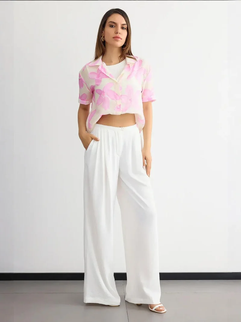 HICCUP Floral Organza Short-Sleeve Cropped Shirt