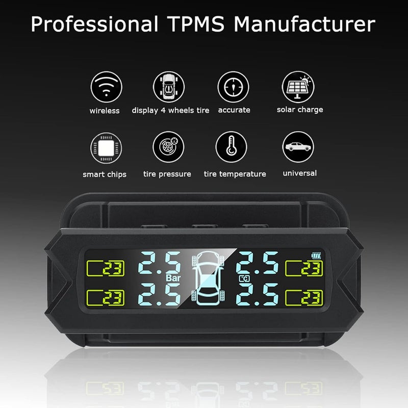 Eacam Tire Pressure Monitoring System - Wireless Solar Power TPMS with 5 Alarm Modes, Auto Backlight LCD Display, 4 Sensors Real-time Display Temperature Pressure - Image 2