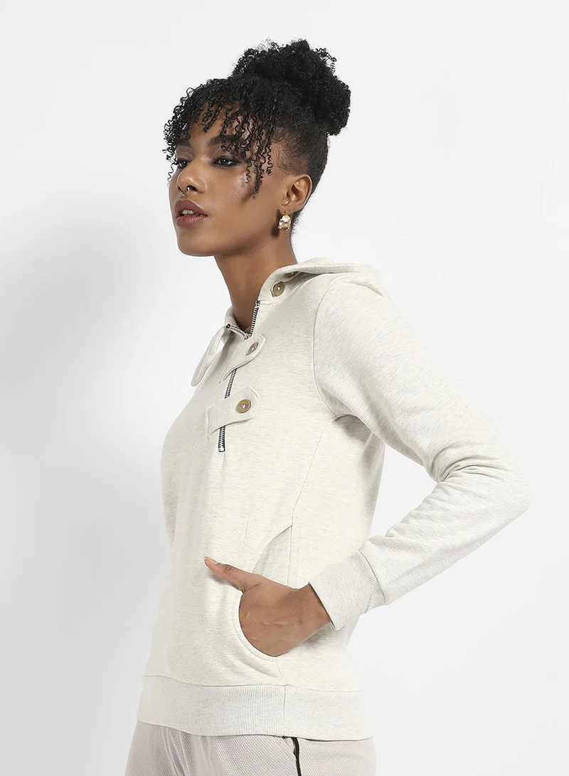 Pinacolada  Women's Off-White Asymetrical Heathered Hoodie for Women | Best Price UAE