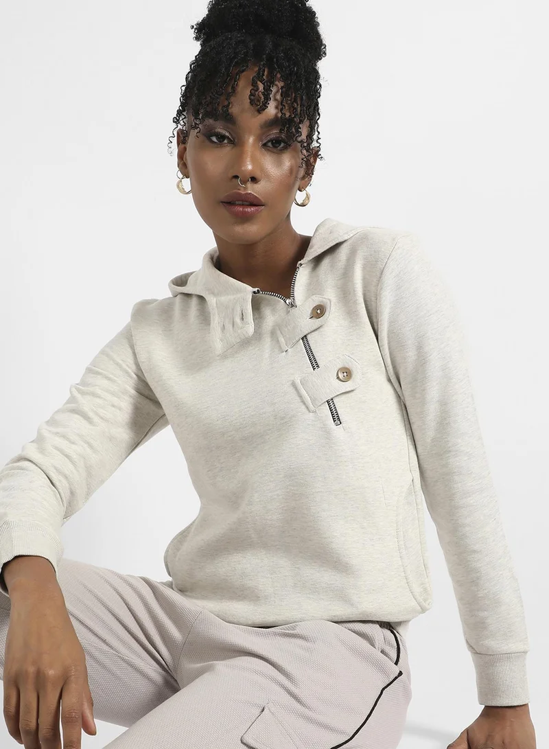 PINACOLADA Women's Off-White Asymetrical Heathered Hoodie