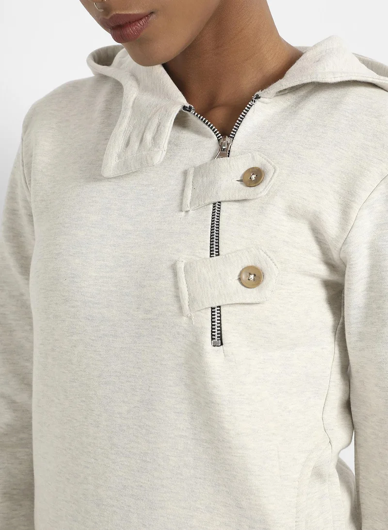 Pinacolada  Women's Off-White Asymetrical Heathered Hoodie for Women | Best Price UAE