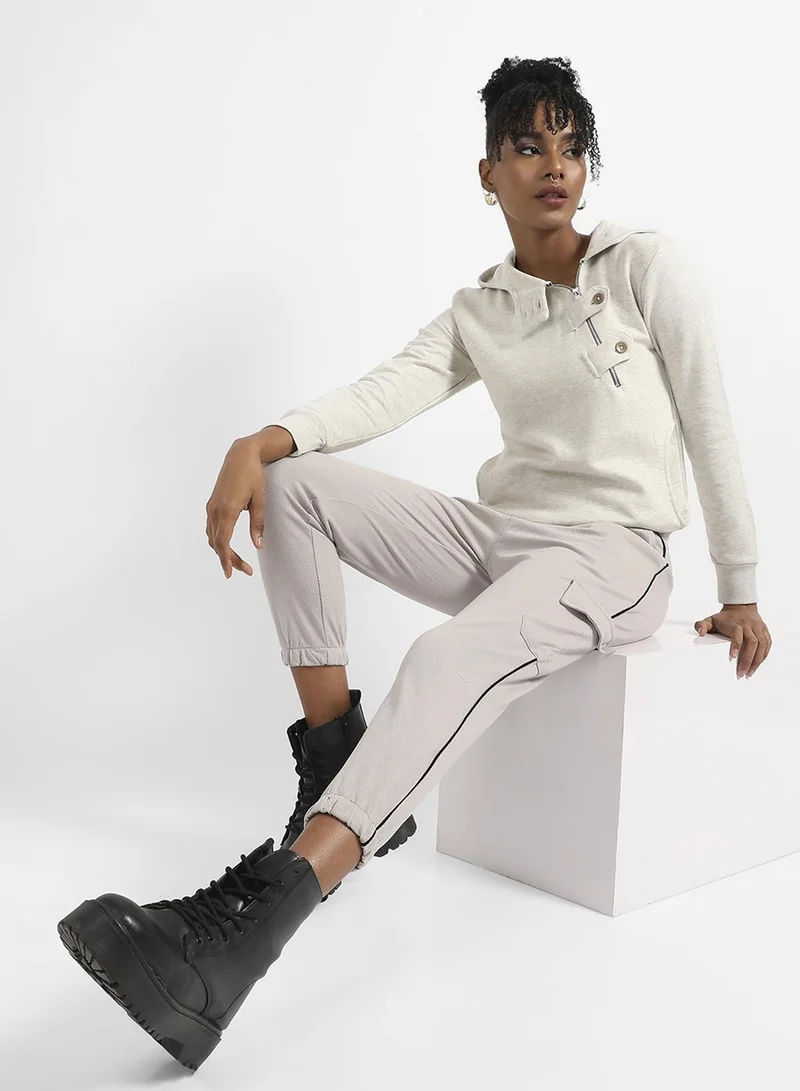 Pinacolada  Women's Off-White Asymetrical Heathered Hoodie for Women | Best Price UAE