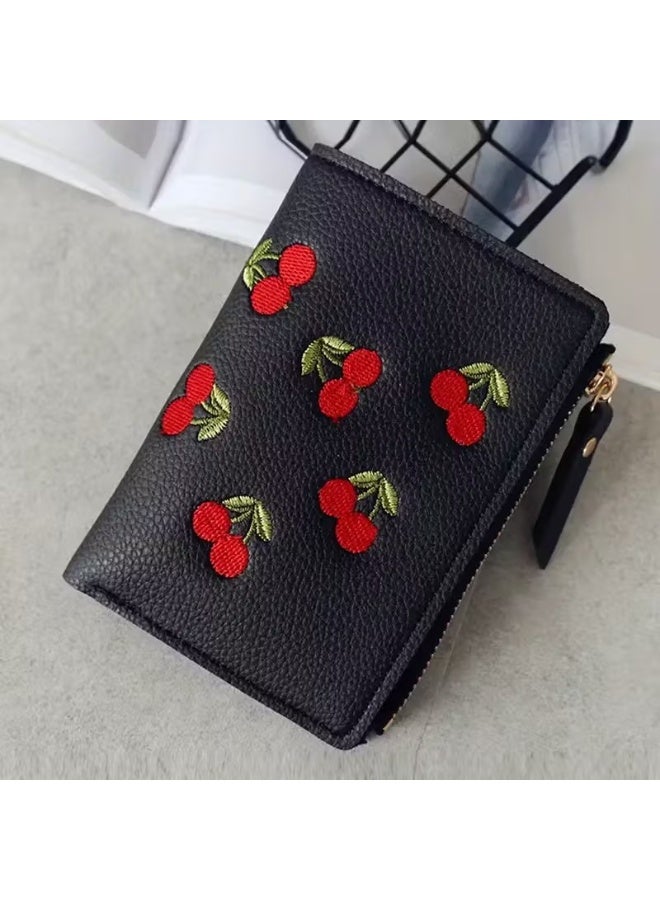 Goolsky Cherry Embroidered Short Wallet, Zipper Portable Coin Purse, Cute Wallet & Card Organizer - Image 1