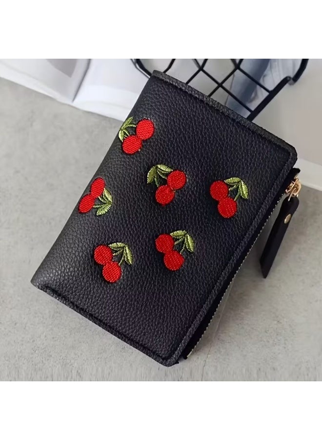 Goolsky Cherry Embroidered Short Wallet, Zipper Portable Coin Purse, Cute Wallet & Card Organizer - Image 3
